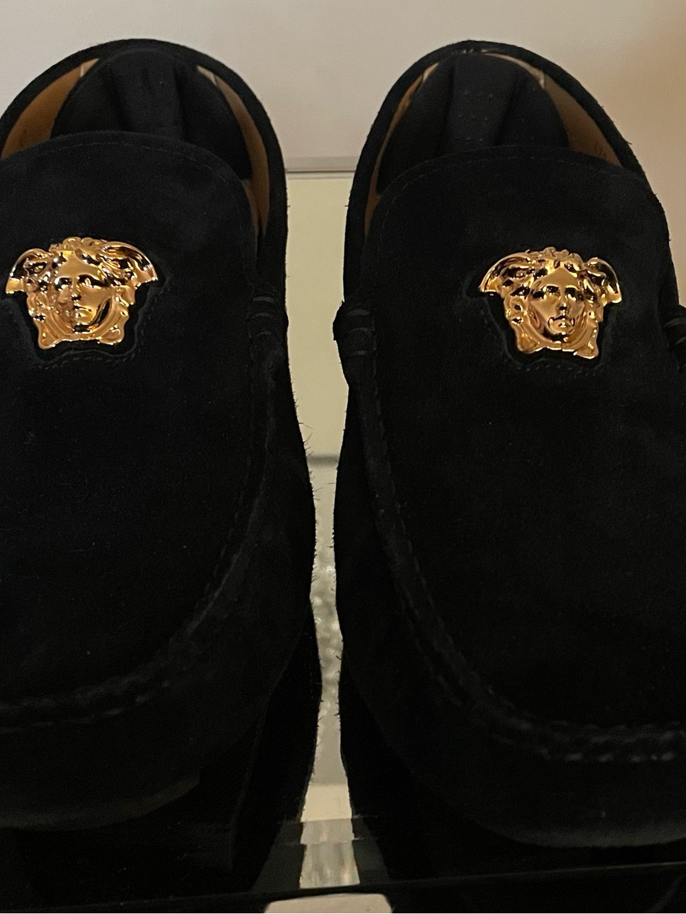 Versace Black Suede Loafers with Gold Medusa Hardware